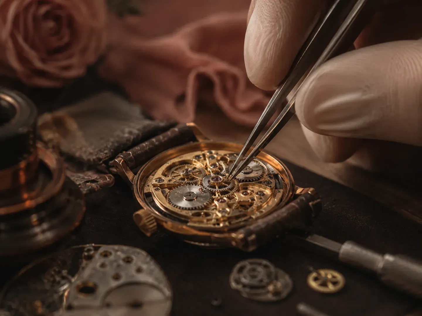 Macro view of antique watch movement restoration with tweezers, brass gears and dusty rose atelier styling