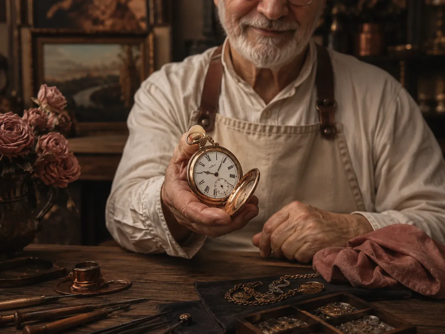 Senior horology craftsperson presenting a restored antique pocket watch in a warm Malaysian atelier
