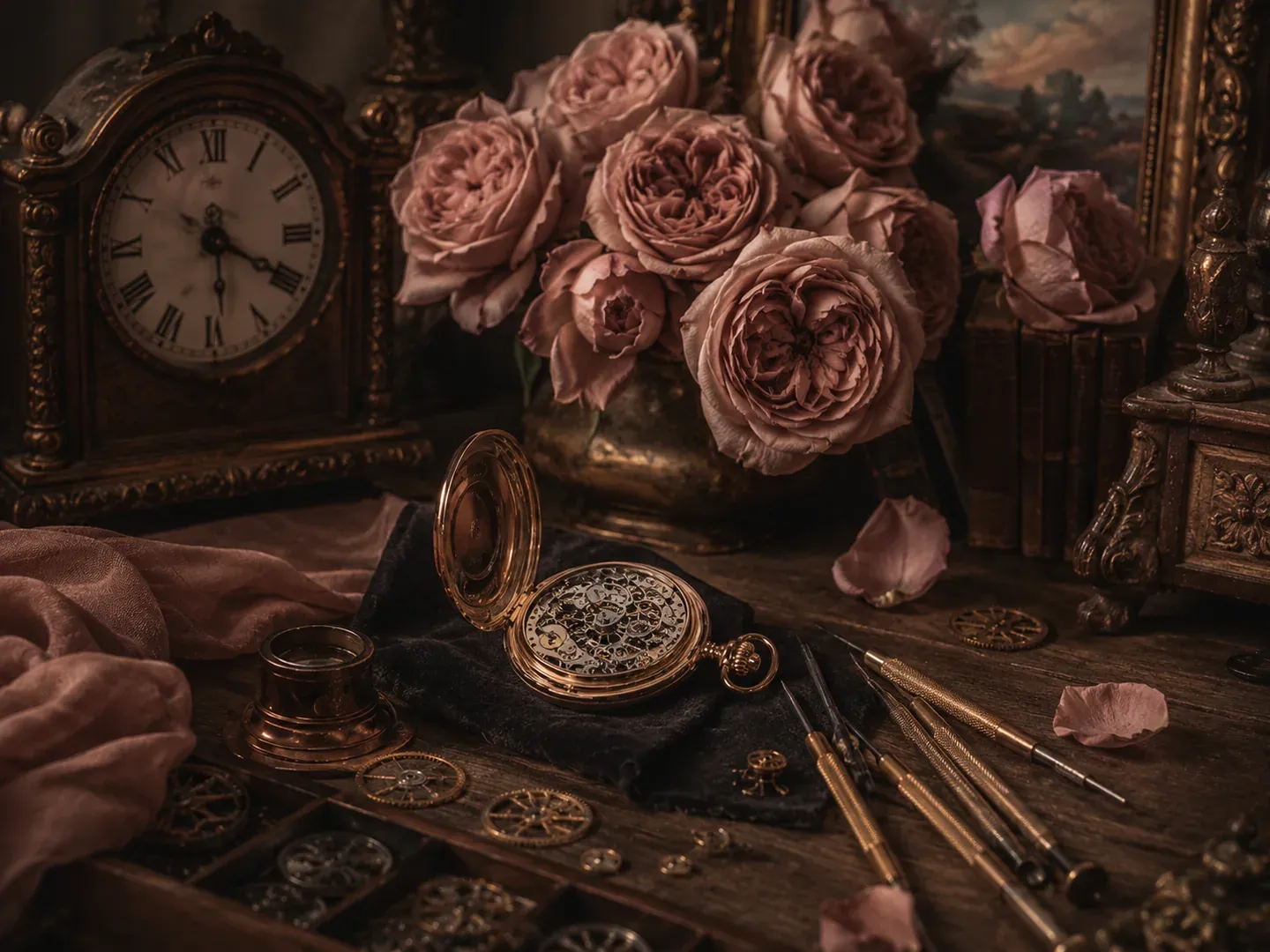 Romantic still life with antique table clock, open pocket watch, brass tools, aged books and dusty rose flowers